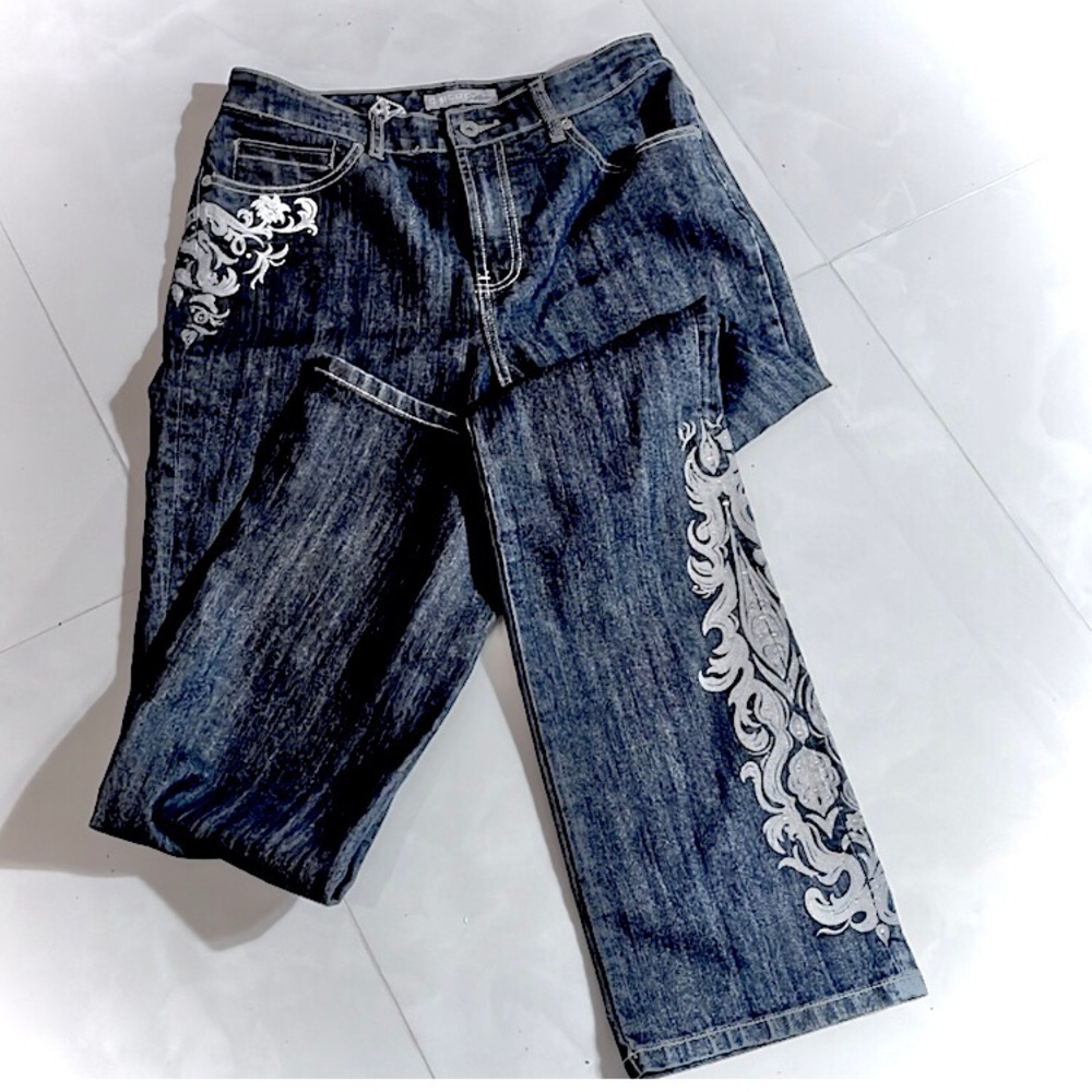Chico's Platinum Denim Rhinestone Embossed Jeans  - Size 1.5  New with Tags